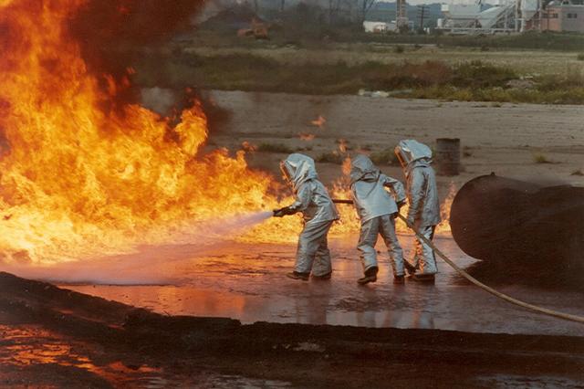 Firefighters extinguishing flammable liquids fire at former Glenview Naval Air Station